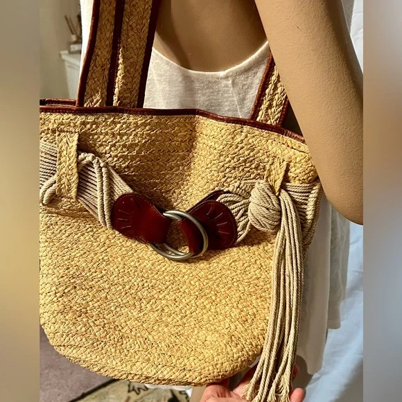 Vintage y2k Polo Jeans Ralph Lauren Leather Raffia Macrame Purse - Picture 4 of 12